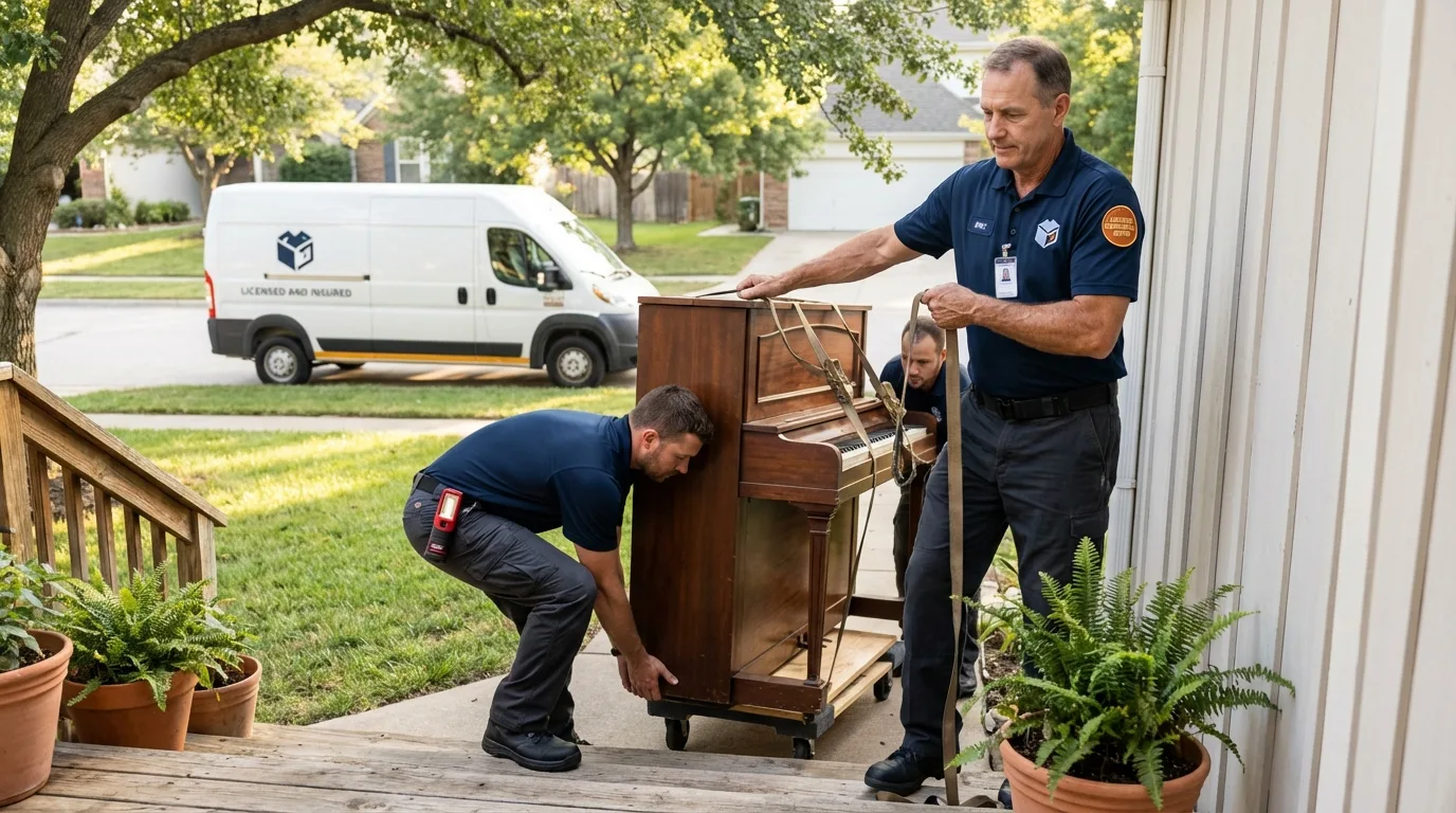Licensed piano movers securing grand piano in Marietta, GA
