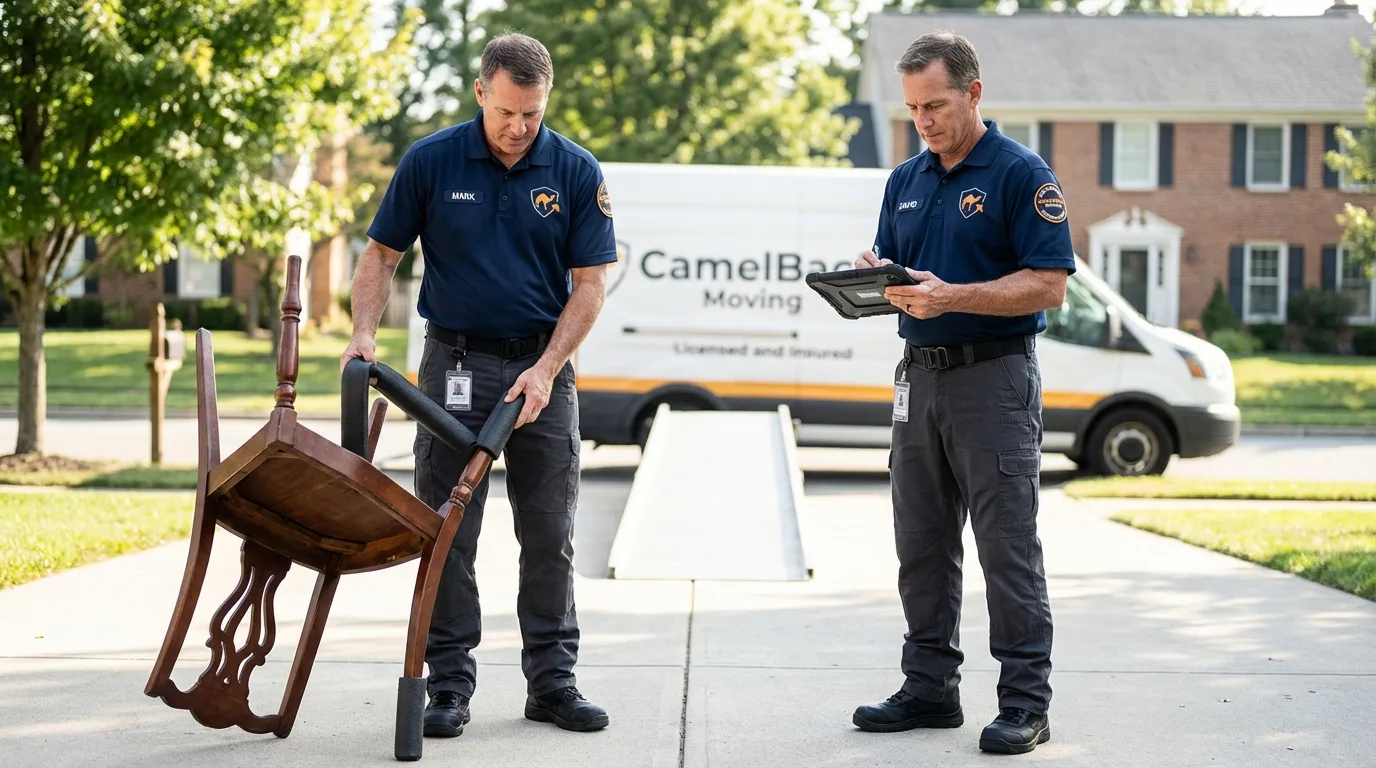Movers inspecting furniture for damage prevention before loading in Marietta, GA