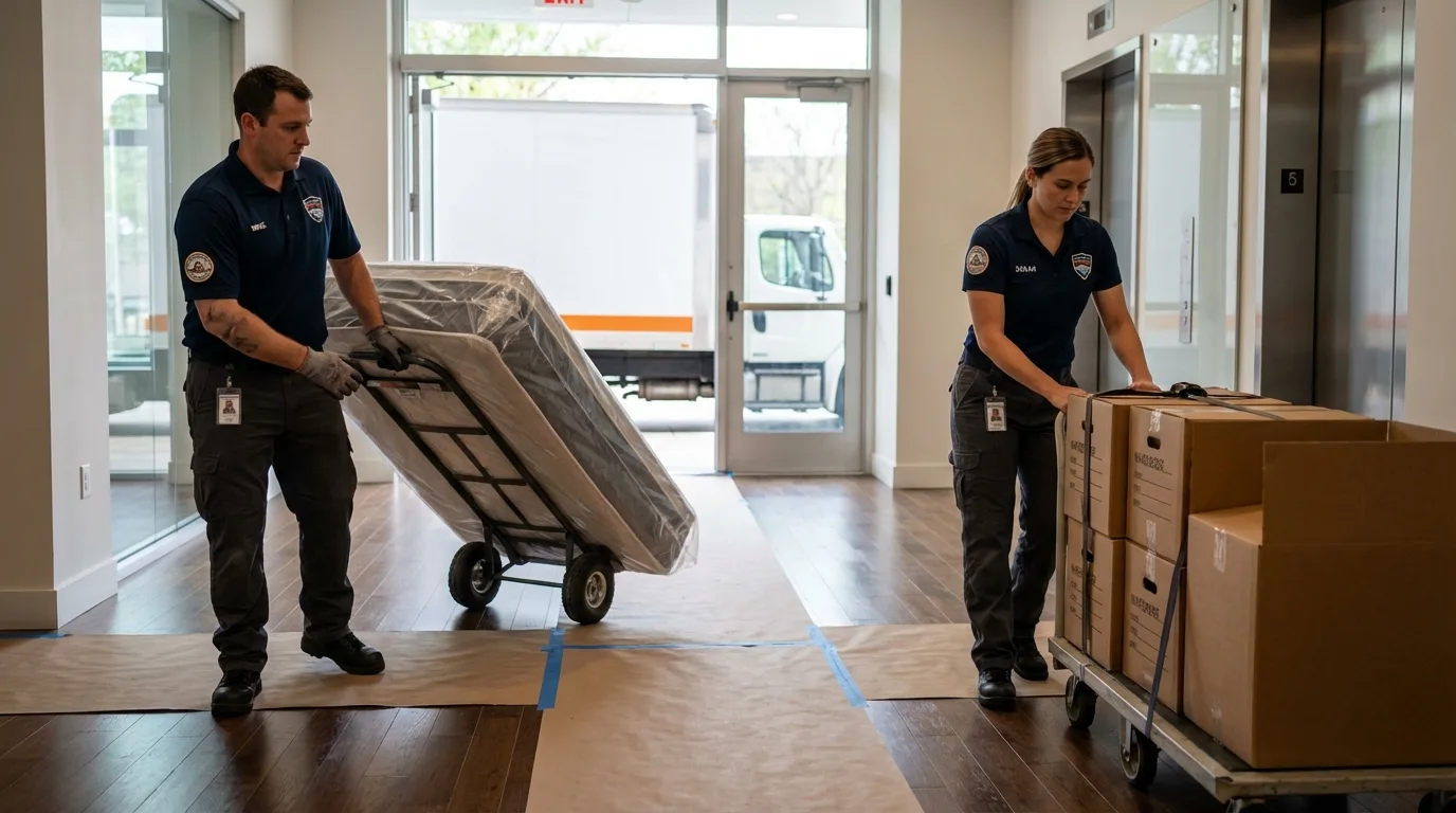Professional apartment movers loading elevator in Marietta, GA